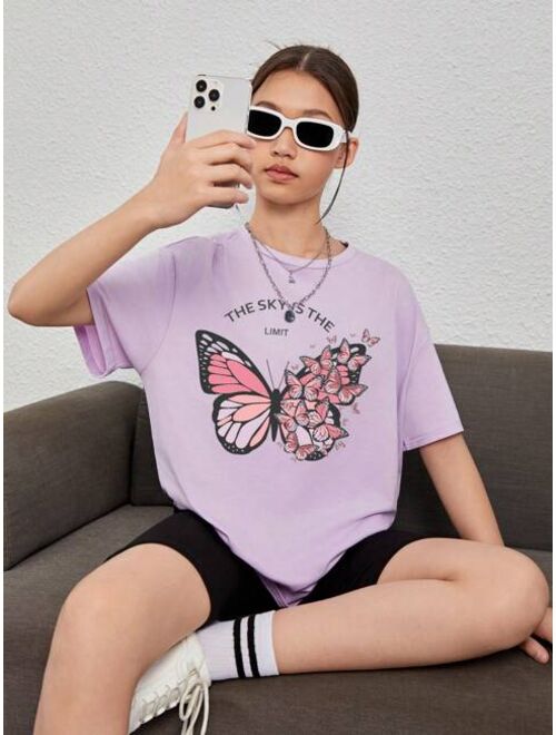 Shein Teen Girl Butterfly & Slogan Graphic Drop Shoulder Tee