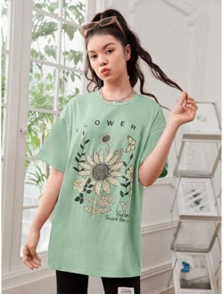 Teen Girl Sunflower & Slogan Graphic Drop Shoulder Oversized Tee