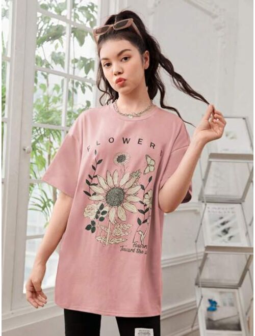 SHEIN Teen Girl Sunflower & Slogan Graphic Drop Shoulder Oversized Tee
