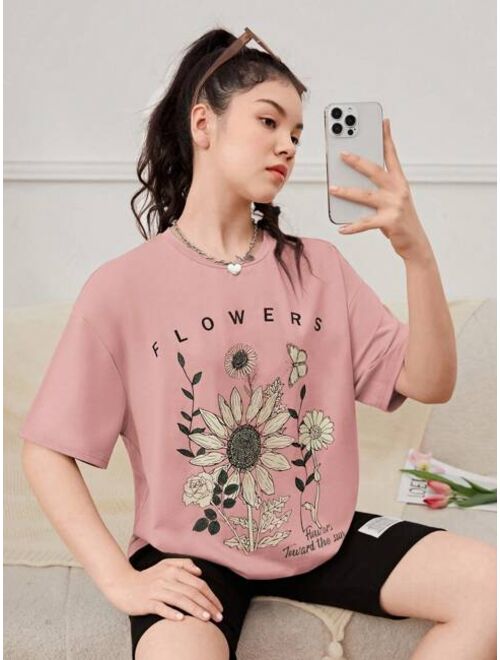 SHEIN Teen Girl Sunflower & Slogan Graphic Drop Shoulder Oversized Tee