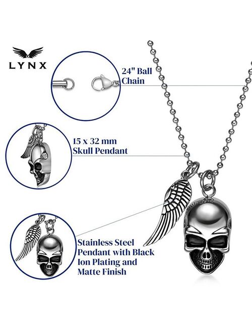 Men's LYNX Black ion-Plated Stainless Steel Skull & Wing Pendant Necklace