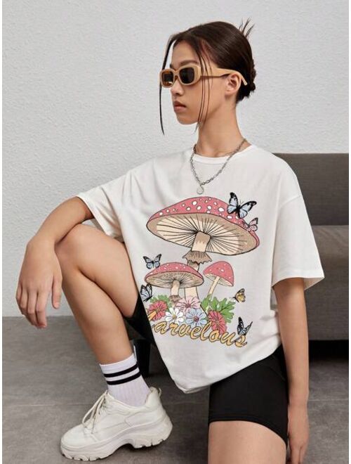 Shein Teen Girl Mushroom & Butterfly Print Tee