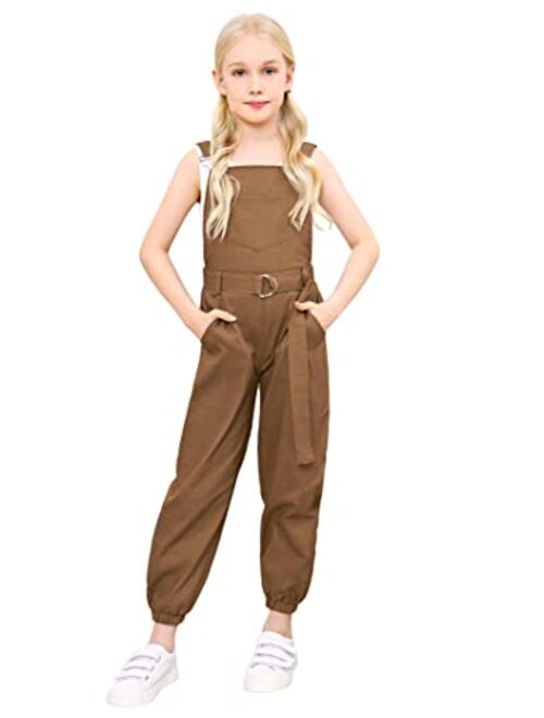 GERU Girls Overalls Kids Jumpsuit & Rompers Soft Denim Long Pants with Pockets & Belt 3-12Y