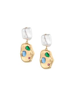 Rainbow Glass Nugget and Imitation Pearl 18K Gold Plated Earrings