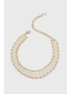 Decadent Vibe Gold Pearl Choker Statement Necklace