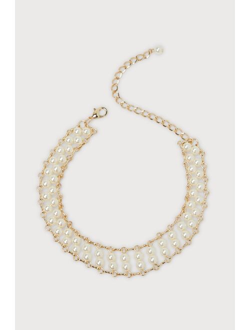 Lulus Decadent Vibe Gold Pearl Choker Statement Necklace