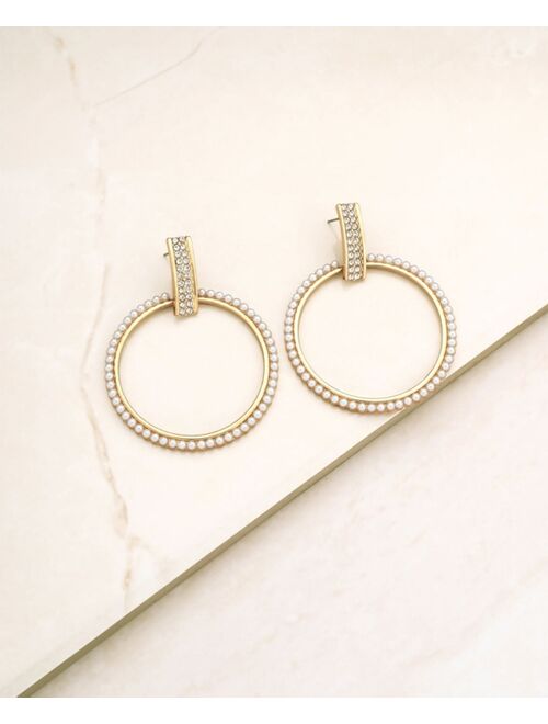 ETTIKA 18k Gold-Plated Pave & Imitation Pearl Front-Facing Hoop Earrings