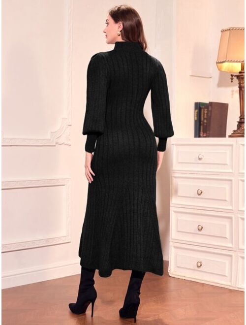 SHEIN Modely Stand Neck Ribbed Knit Lantern Sleeve Sweater Dress Without Belt