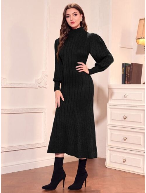 SHEIN Modely Stand Neck Ribbed Knit Lantern Sleeve Sweater Dress Without Belt