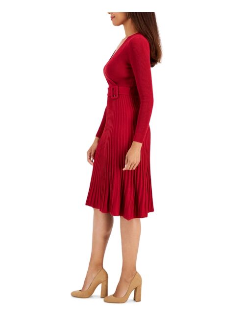 Robbie Bee Petite Ribbed Pleated-Skirt Belted Sweater Dress