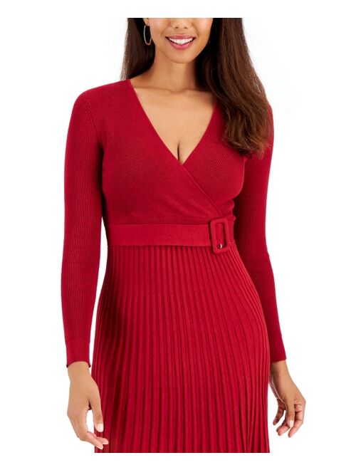 Robbie Bee Petite Ribbed Pleated-Skirt Belted Sweater Dress