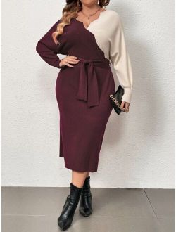 Priv Plus Two Tone Batwing Sleeve Belted Sweater Dress