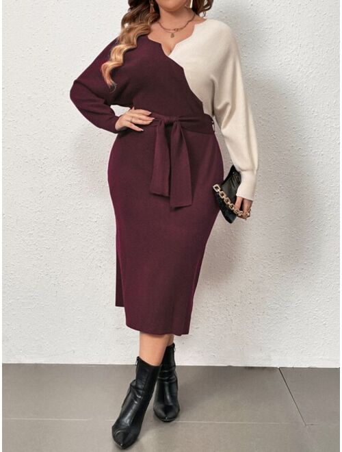 SHEIN Priv Plus Two Tone Batwing Sleeve Belted Sweater Dress
