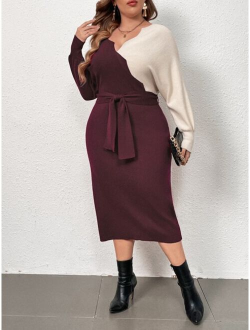 SHEIN Priv Plus Two Tone Batwing Sleeve Belted Sweater Dress