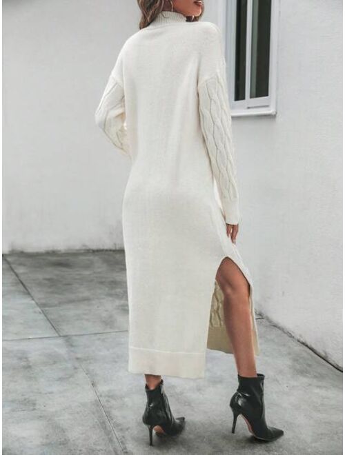 SHEIN Frenchy Turtleneck Cable Knit Split Thigh Drop Shoulder Sweater Dress