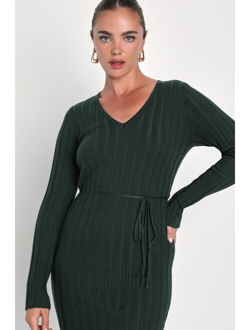 Lulus Admirable Perfection Dark Green Ribbed Long Sleeve Midi Dress
