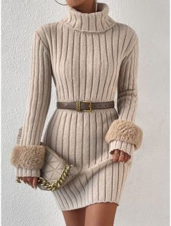 Priv Turtleneck Ribbed Knit Sweater Dress Without Belt