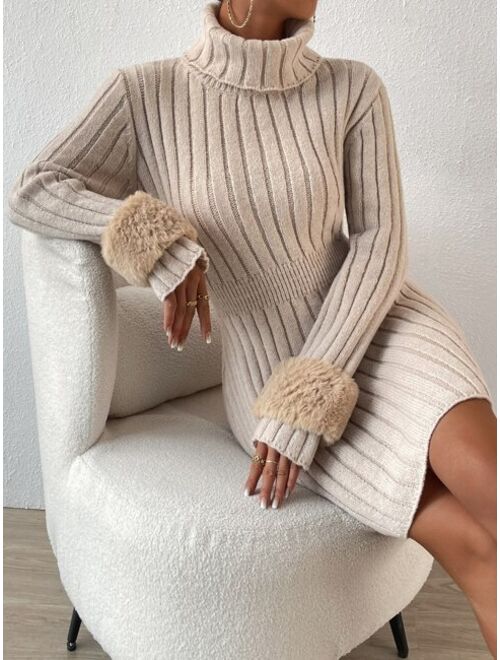 SHEIN Priv Turtleneck Ribbed Knit Sweater Dress Without Belt