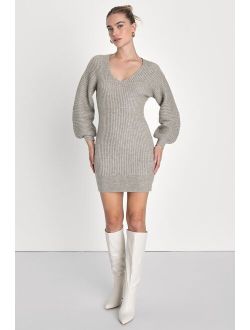 Noteworthy Vibe Heather Grey Balloon Sleeve Mini Sweater Dress