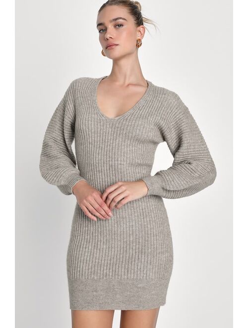 Lulus Noteworthy Vibe Heather Grey Balloon Sleeve Mini Sweater Dress