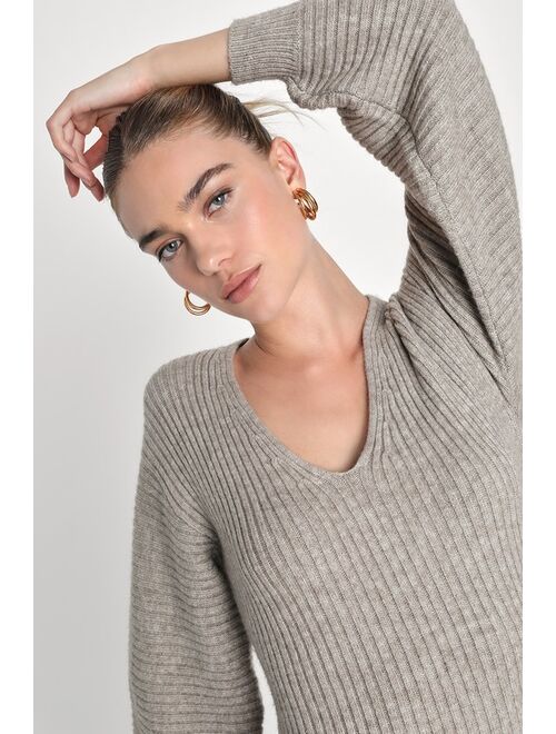 Lulus Noteworthy Vibe Heather Grey Balloon Sleeve Mini Sweater Dress