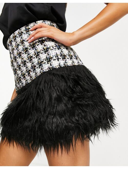 ASOS DESIGN boucle mini skirt with fluffy hem detail in multi check