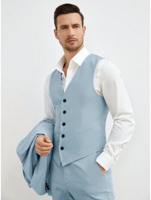 Shein Manfinity Mode Men Button Front Blazer & Vest & Suit Pants Without Shirt
