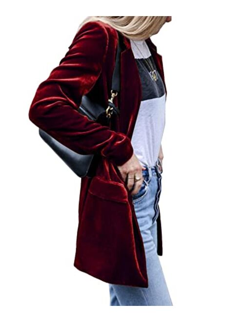 SEMATOMALA Women's Solid Long Sleeve Velvet Blazer Jacket Suit Open Front Cardigan Coat with Pockets Outerwear