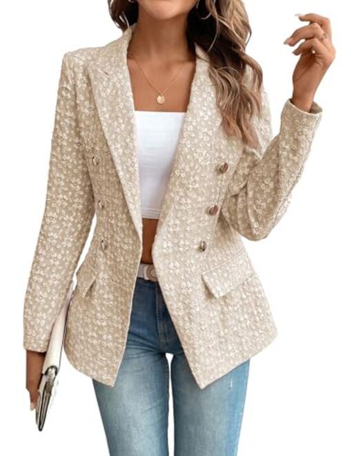 MakeMeChic Women's Lapel Collar Long Sleeve Double Button Work Office Blazer Jackets