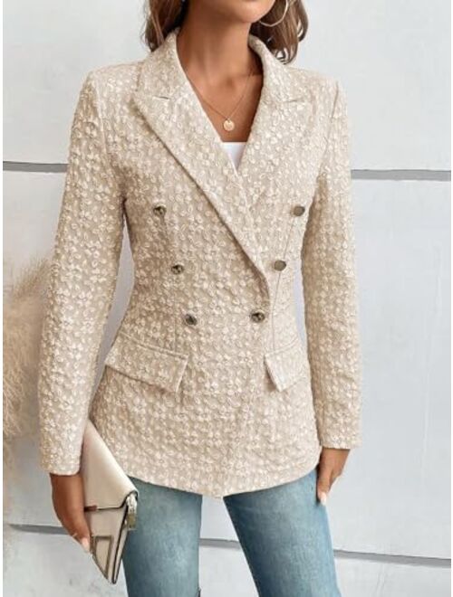 MakeMeChic Women's Lapel Collar Long Sleeve Double Button Work Office Blazer Jackets