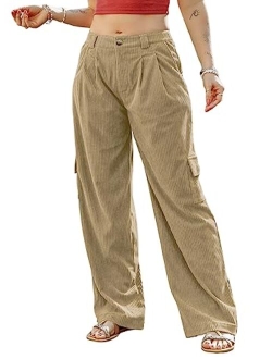 Corduroy Cargo Pants 4 Pockets Casual High Waisted Straight Leg Pants Baggy Comfy Trousers