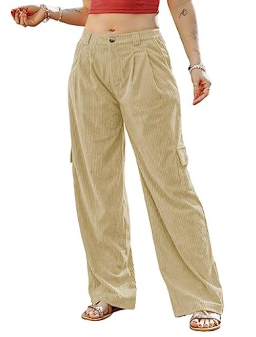 Dokotoo Corduroy Cargo Pants 4 Pockets Casual High Waisted Straight Leg Pants Baggy Comfy Trousers
