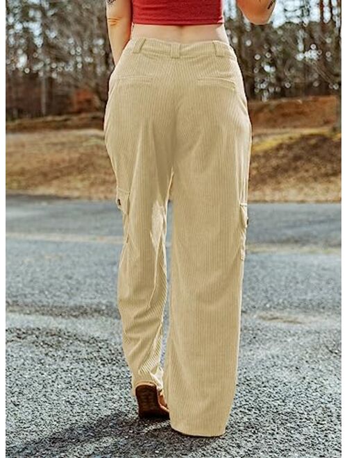 Dokotoo Corduroy Cargo Pants 4 Pockets Casual High Waisted Straight Leg Pants Baggy Comfy Trousers