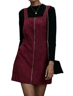 Women's Zip Up Pocketed A Line Pinafore Corduroy Overall Dress