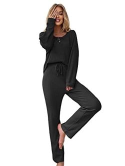 Women's 2 Piece Waffle Knit Button Down Long Sleeve Top and Pants Pj Lounge Set