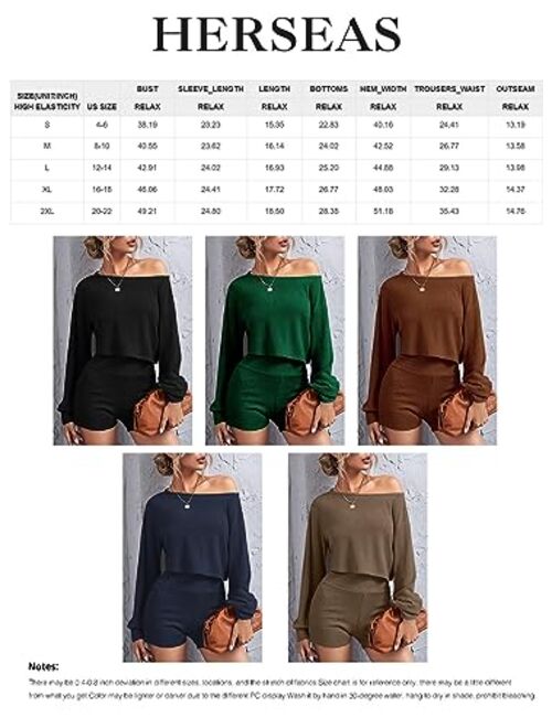 Herseas Womens 2 Piece Outfits Ribbed Knit Off Shoulder Crop Top Hight Waist Shorts Pajama Lounge Set