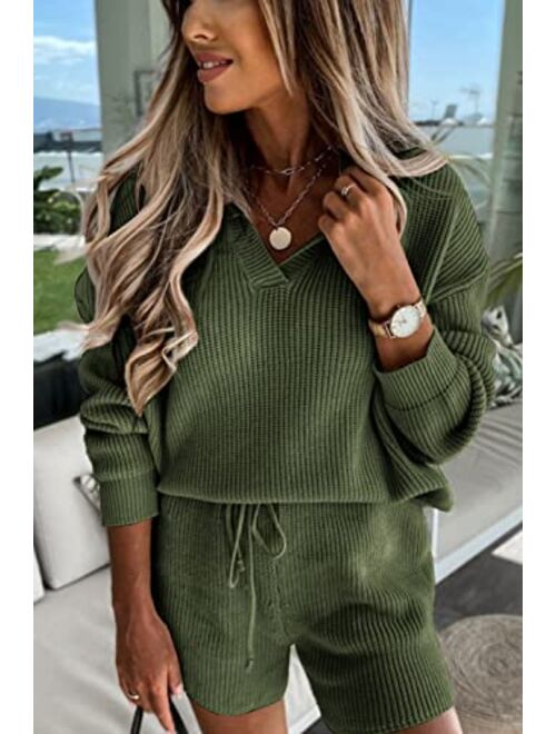 PRETTYGARDEN Women's 2 Piece Outfits 2023 Winter Long Sleeve V Neck Knit Pullover And Shorts Sweater Tracksuit Sets