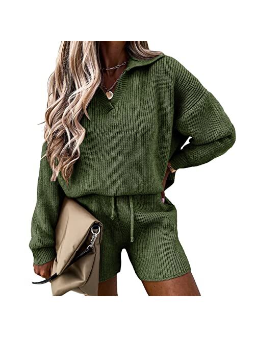 PRETTYGARDEN Women's 2 Piece Outfits 2023 Winter Long Sleeve V Neck Knit Pullover And Shorts Sweater Tracksuit Sets