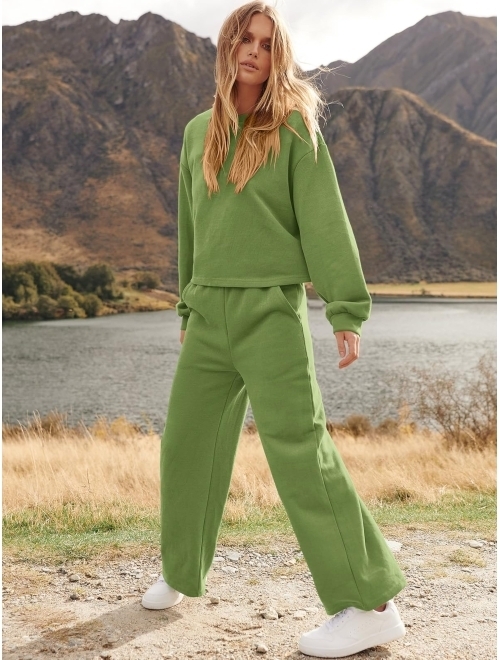 ANRABESS Womens Two Piece Outfits Long Sleeve Crop Top Wide Leg Pants Knit Sweatsuit Loungewear Sweatsuit Set
