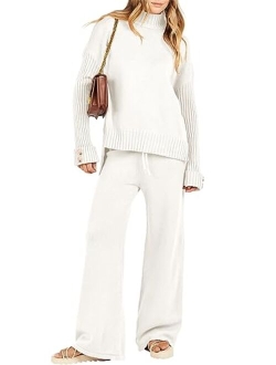 Women's Two Piece Outfits Sweater Sets Long Sleeve Knit Pullover and Wide Leg Pants Lounge Sets