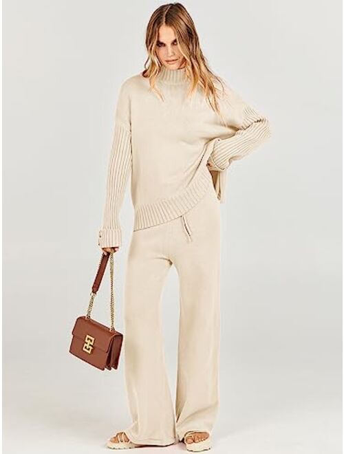ANRABESS Women's Two Piece Outfits Sweater Sets Long Sleeve Knit Pullover and Wide Leg Pants Lounge Sets
