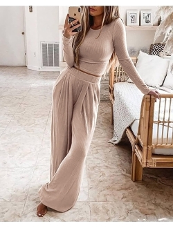 BTFBM Women's Two Piece Lounge Set Long Sleeve Bodycon Ribbed Knit Crop Top Loose Wide Leg Pant Casual Outfits Sweatsuit