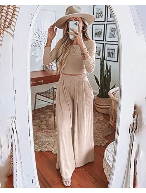 BTFBM Women's Two Piece Lounge Set Long Sleeve Bodycon Ribbed Knit Crop Top Loose Wide Leg Pant Casual Outfits Sweatsuit
