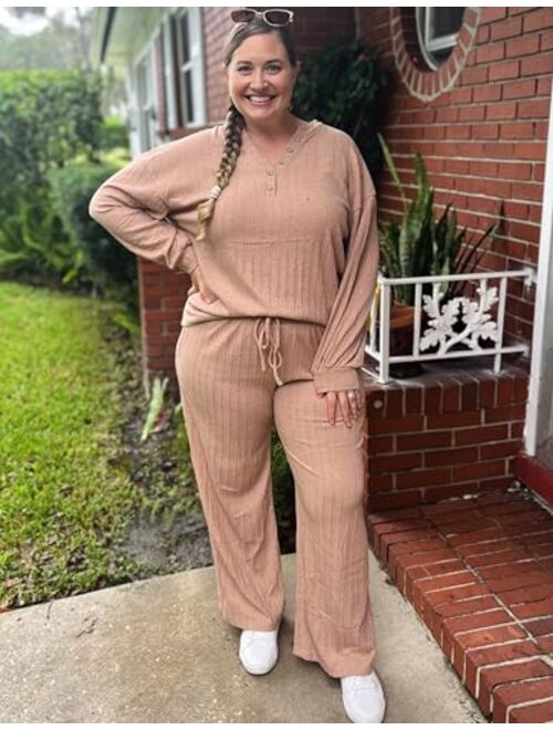 Ekouaer Womens 2 Piece Outfits Long Sleeve Knit Sweater Lounge Set Slouchy Pajama Set Cozy Loose Loungewear with Pockets