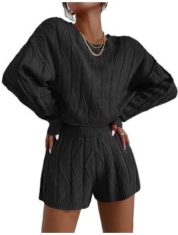 Knit Lounge Sets for Women 2 Piece Cozy Long Sleeve Pullover Sweater Top and Shorts Set Sweatsuit Outfits