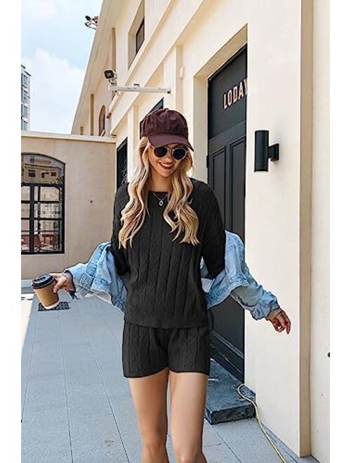 Ekouaer Knit Lounge Sets for Women 2 Piece Cozy Long Sleeve Pullover Sweater Top and Shorts Set Sweatsuit Outfits
