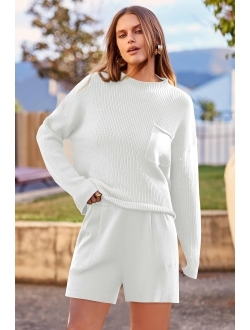 Women 2 Piece Knit Sweater Outfit Long Sleeve Pullover Top Wide Leg Shorts Loungewear Sweatsuits Set