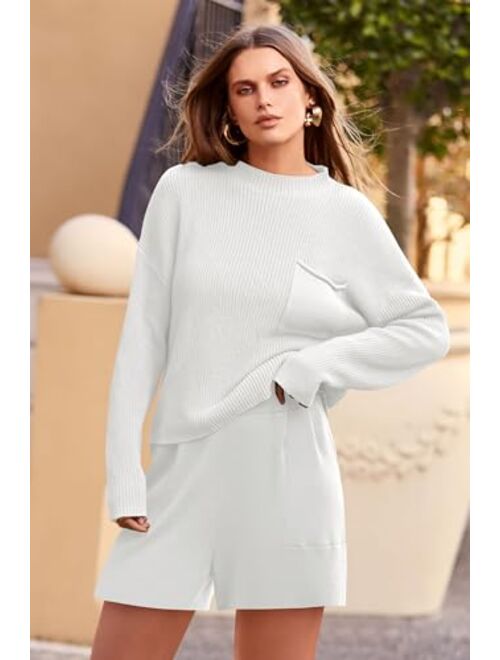 PRETTYGARDEN Women 2 Piece Knit Sweater Outfit Long Sleeve Pullover Top Wide Leg Shorts Loungewear Sweatsuits Set