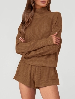 Womens 2023 Waffle Knit Lounge Set 2 Piece Outfits Long Sleeve Tops and Shorts Fall Loungewear Sets with Pockets
