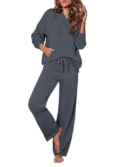 Viottiset Women's 2 Piece Outfits Sweater Set Long Sleeve Hoodies With Pocket Wide Leg Pants Lounge Sets Sweatsuit
